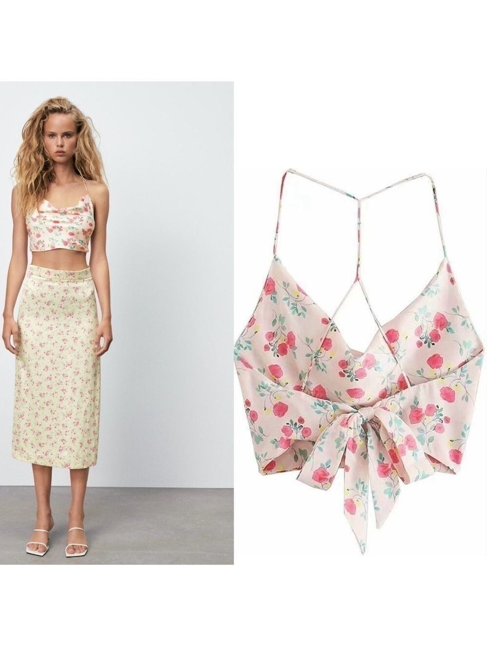 Zara cream floral flower crisscross strappy open back draped crop top Sz L NWT - Picture 2 of 10